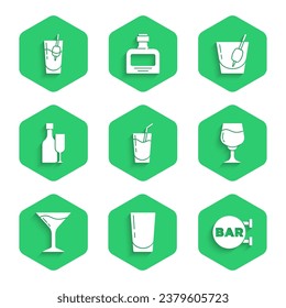 Set Cocktail, Glass with water, Street signboard Bar, Wine glass, Martini, bottle, Bloody Mary and  icon. Vector