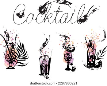 Set of cocktail glasses - Cocktail bar menu. Vector elements for restaurant and cafe. Design template with different colorful cocktails. Art for menu, shop, market or sale.