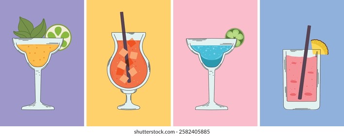 Set of cocktail glasses with colorful fizzy drinks, garnished with citrus slices, mint leaves, and straws, arranged on vibrant pastel backgrounds in retro style.