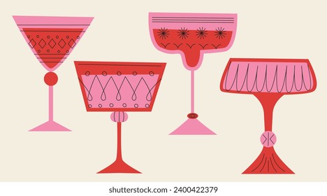 A set of cocktail glasses of different shapes in red and pink colors. Drinks in different types of vintage glasses. Linear vector illustration. Cartoon retro style