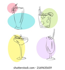 Set of Cocktail glasses. Four refreshing cocktails with ice cubes, fruits, berries and mint leaves. Created for menu design, greeting cards, posters. Vector hand drawn line art style illustration.