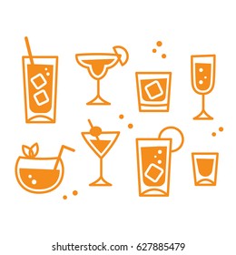 Set of cocktail glasses icons in retro style, isolated vector illustration. Bar or restaurant drinks collection.