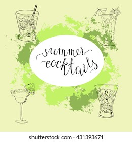 Set of cocktail glasses on green background with abstract brushstrokes and window with hand lettering. Hand drawn vector illustration.