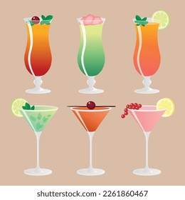 Conjunto de copas de cóctel, bebidas alcohólicas refrescantes y de verano con frutas y hojas comestibles, tallos para celebrar y refrescar