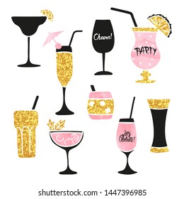 Set of cocktail glasses. Vector collection of alcoholic drinks.