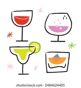 Set of cocktail glasses. Vector flat illustration. Classic cocktails in different types of glasses for menu. Alcohol beverages.