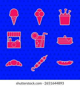 Set Cocktail, grelhado shish kebab, sanduíche Hotdog, Pilha de panquecas, Croissant, banca de rua com toldo, caixa de pacote de perna de frango e ícone de cone de waffle de sorvete. Vetor