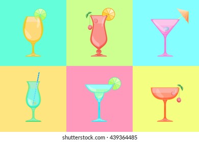 Set of cocktail icons. Martini and Margarita, Saucer and champagne, Hurricane and pina colada, Sour, Tulip and Beer Goblet glass. Candy Relax summer background.