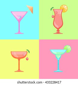 Set of cocktail icons. Martini with olive, Margarita cocktail with lime, Saucer and champagne with cherry, Hurricane cocktail, pina colada glass. Candy Relax summer background.