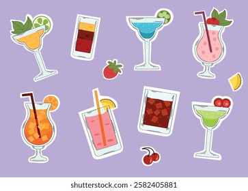 Set of cocktail illustrations featuring colorful fizzy drinks in various glasses, garnished with fruits, citrus slices, cherries, and mint leaves on a purple background in retro style