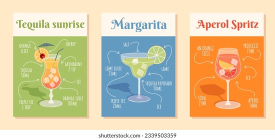 Set of cocktail ingredients posters. Tequila sunrise, margarita and Aperol Spritz. Alcoholic drinks and beverages. Tropical juice. Cartoon flat vector collection isolated on beige background