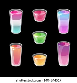 Set of cocktail jelly shots. Bright multicolored gradient jelly in glossy cartoon style. Vector illustration isolated on black background.