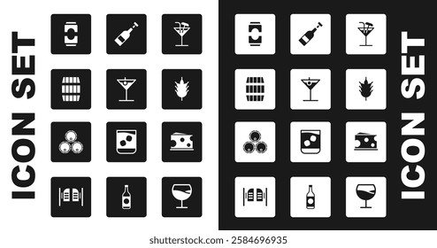 Set Cocktail, Martini glass, Wooden barrel, Beer can, Hop, Opened bottle of wine, Cheese and barrels icon. Vector