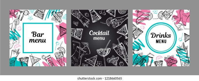Set of cocktail menu cover design templates. Vector outline hand drawn illustration with different cocktails and fruits with color spots and blackboard