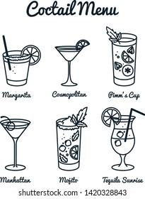 Set of Cocktail Menu Icons Black on White Illustration