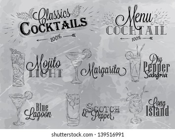 Set of cocktail menu, mojito, margarita, blue lagoon, long island in vintage style drawing with coal on grey background.