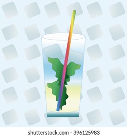 Set. Cocktail Mojito with mint and seamless pattern:ice.