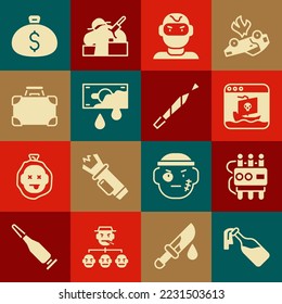 Poner cóctel molotov, reloj dinamita y temporizador, piratería en Internet, máscara de ladrón, dinero sangriento, maletín, bolso de dinero e icono de la marihuana. Vector