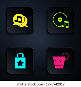 Set Cocktail, Musical note in speech bubble, Paper shopping bag and Vinyl disk. Black square button. Vector