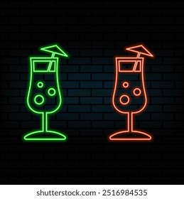 Set of cocktail neon emblem. Vector illustration. Neon sign for banner, billboard, promotion or advertisement. Elements on the theme of the restaurant business.