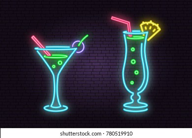 Set of cocktail neon emblem. Vector illustration. Neon sign for banner, billboard, promotion or advertisement. Elements on the theme of the restaurant business.