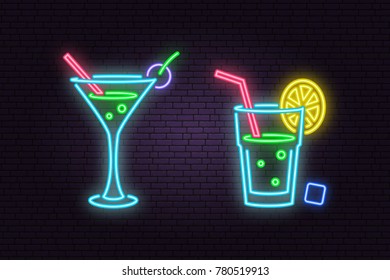 Set of cocktail neon emblem. Vector illustration. Neon sign for banner, billboard, promotion or advertisement. Elements on the theme of the restaurant business.