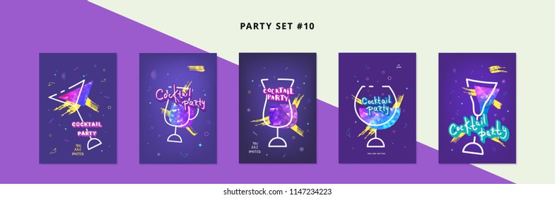 Set of Cocktail party templates. Holiday banners with glasses, shine decoration and creative lettering. Event invitation ultra violet flyers. Vector illustration.