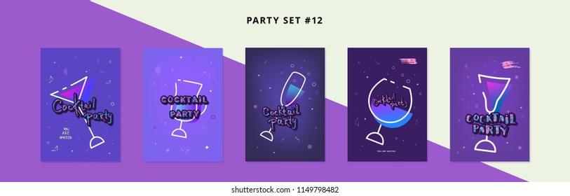 Set of Cocktail party templates. Holiday banners with shine decoration and creative lettering. Event invitation flyers. Vector illustration.