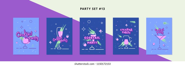 Set of Cocktail party templates. Holiday banners with brush line decoration. Event invitation flyers. Vector illustration.