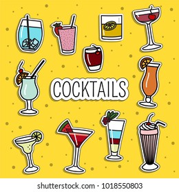 Set Of Cocktail Patches, Cute Colorful Badges, Fun Cartoon Icons Design Vector