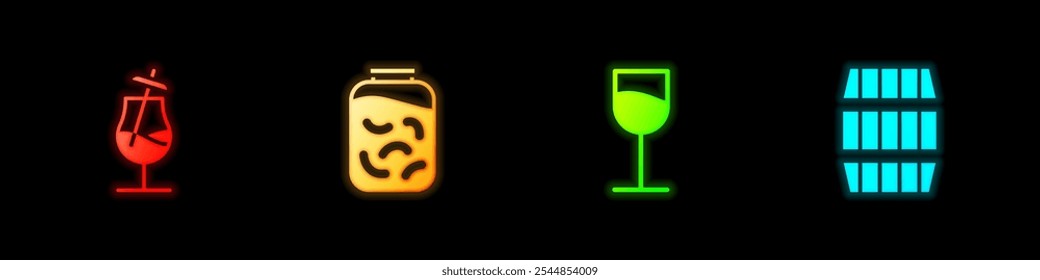 Set Cocktail, Pickled cucumbers in jar, Wine glass and Wooden barrel icon. Vector