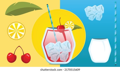 set of cocktail with props in hawaii background.eps