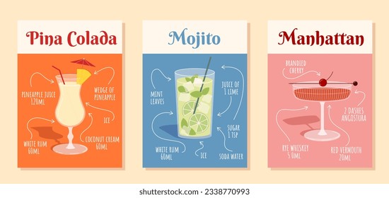 Set of cocktail recipes concept. Different alcoholic drinks with ice in glasses. Mojito, Pina Colada and Manhattan. Tasty liquids and beverage for summer season. Cartoon flat vector illustration