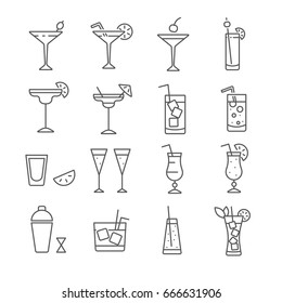 Set of cocktail Related Vector Line Icons. Contains such icon as  smoothie, milkshake, mixed drink, shake, bar, alcohol, Mojito, whiskey, rum, blue lagoon, vermouth