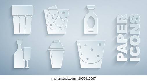Set Cocktail shaker, Alcohol drink Rum, Wine bottle with glass, Glass of rum, whiskey and water icon. Vector