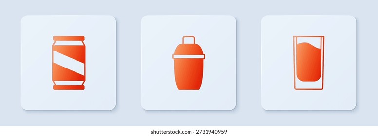Coctelera, lata de cerveza y vaso de chupito. Botón cuadrado blanco. Vector