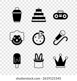 Set Cocktail shaker, Cake with burning candles, Home stereo two speakers, Ice cream, Magician hat rabbit ears, Crown, Clown head and Homemade pie icon. Vector