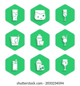 Set Cocktail shaker, Glass of champagne, Bloody Mary,  and beer icon. Vector