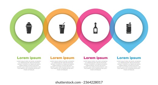 Set Cocktail shaker, Glass of juice, Champagne bottle and Bloody Mary. Business infographic template. Vector