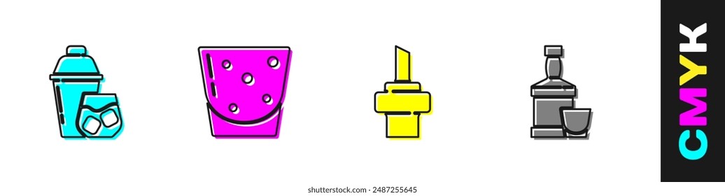 Set Cocktail shaker, Glass of rum, Wooden cork for wine and Whiskey bottle and glass icon. Vector