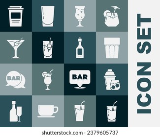 Set Cocktail, shaker, Glass with water, of beer, Bloody Mary, Martini glass, Coffee cup to go and Champagne bottle icon. Vector