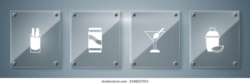 Set Cocktail shaker with lime, Martini glass, Beer can and Bloody Mary. Square glass panels. Vector