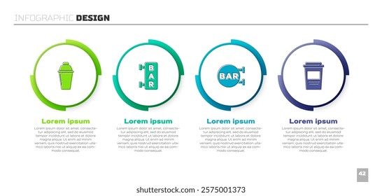 Set Cocktail shaker, Street signboard with Bar,  and Coffee cup to go. Business infographic template. Vector