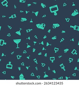 Set Cocktail shaker, Whiskey bottle, Wine glass and  on seamless pattern. Vector