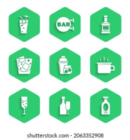 Set Cocktail shaker, Wine bottle with glass, Alcohol drink Rum, Coffee cup, Glass champagne, whiskey, Whiskey and  icon. Vector