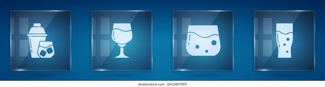 Set Cocktail shaker, Wine glass, Glass of whiskey and beer. Square glass panels. Vector