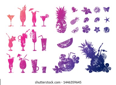 Set of cocktail silhouettes and icons for design, with grunge effect. Tropical cocktails, decor, flowers and fruit.