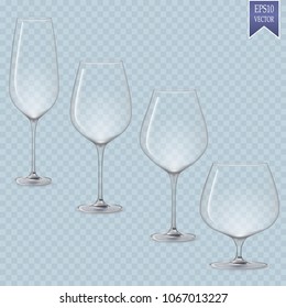 Set of cocktail stemware and glasses for alcohol.