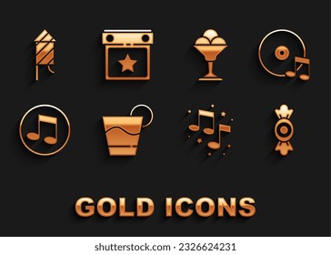 Set Cocktail, Vinyl disk, Candy, Music note, tone, Ice cream bowl, Firework rocket and Calendar party icon. Vector