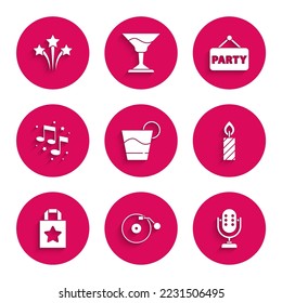 Set Cocktail, Vinyl player with disk, Microphone, Birthday cake candles, Paper shopping bag, Music note, tone, Signboard party and Firework icon. Vector